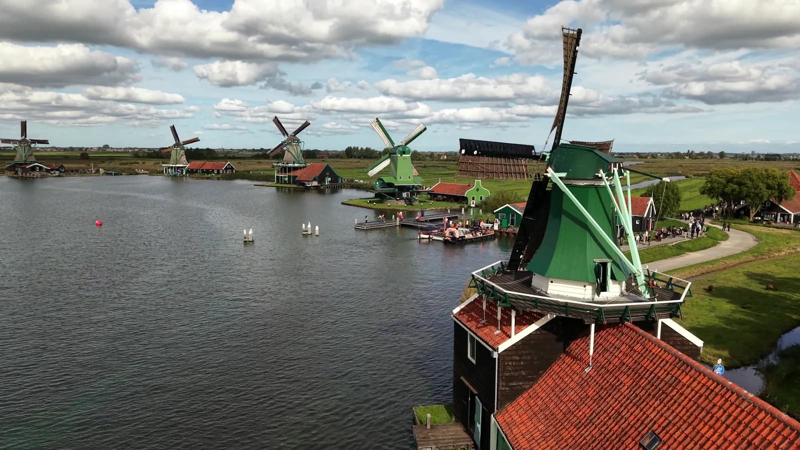 Aerial view of windmills and waterways at Zaanse Schans