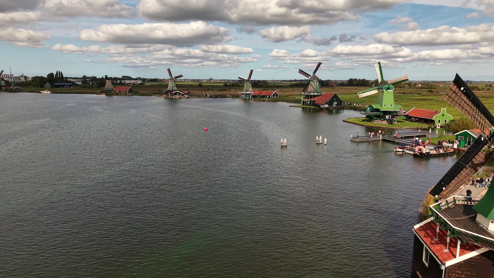View across the water towards the windmills of Zaanse Schans